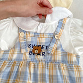 Baby Short Sleeve Two-piece Thin Bear Plaid Romper Climbing Clothing
